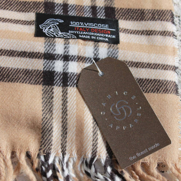 Janice Apparel Women's Faux Cashmere Scarf Classic Tan Plaid Tartan Fringe - Picture 6 of 11